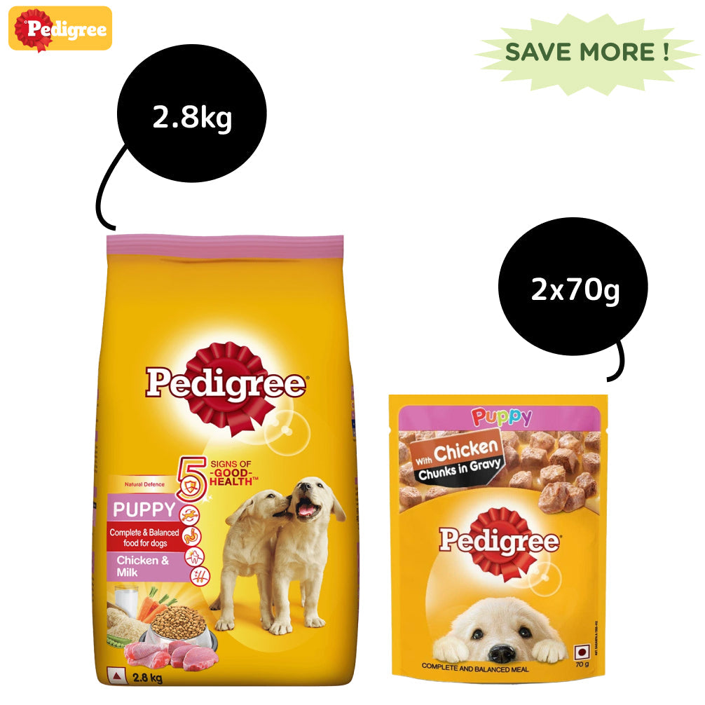 Pedigree Chicken and Milk Dry and Chicken Chunks in Gravy Wet Puppy Food Combo