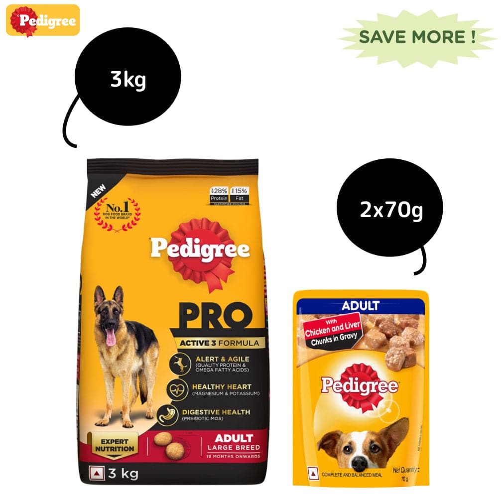 Pedigree PRO Expert Nutrition Active Large Breed Dry and Chicken and Liver Chunks in Gravy Adult Wet Dog Food Combo