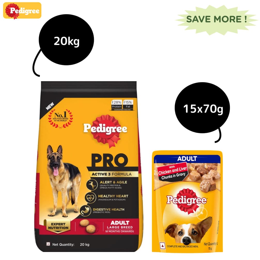 Pedigree PRO Expert Nutrition Active Large Breed Dry and Chicken and Liver Chunks in Gravy Adult Wet Dog Food Combo