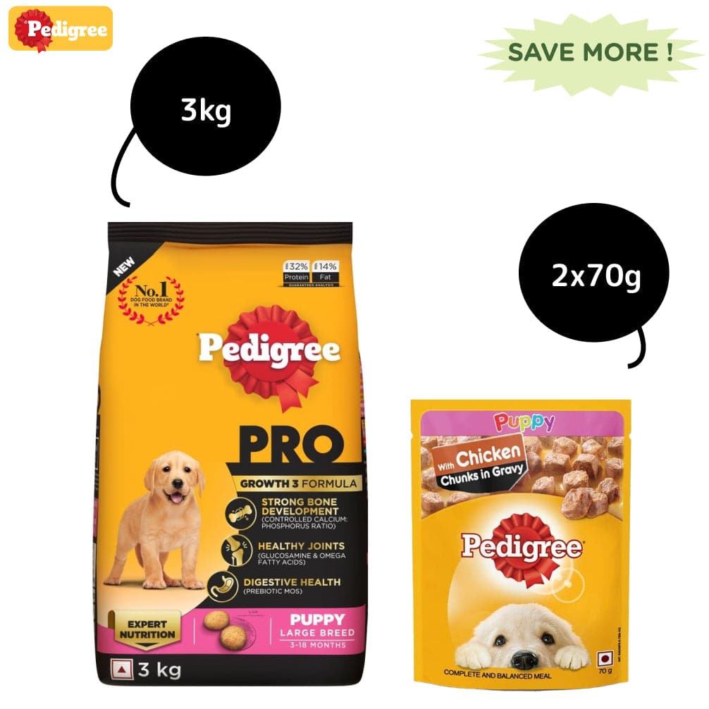 Pedigree PRO Expert Nutrition for Large Breed Puppy Dry and Chicken Chunks in Gravy Puppy Wet Food Combo