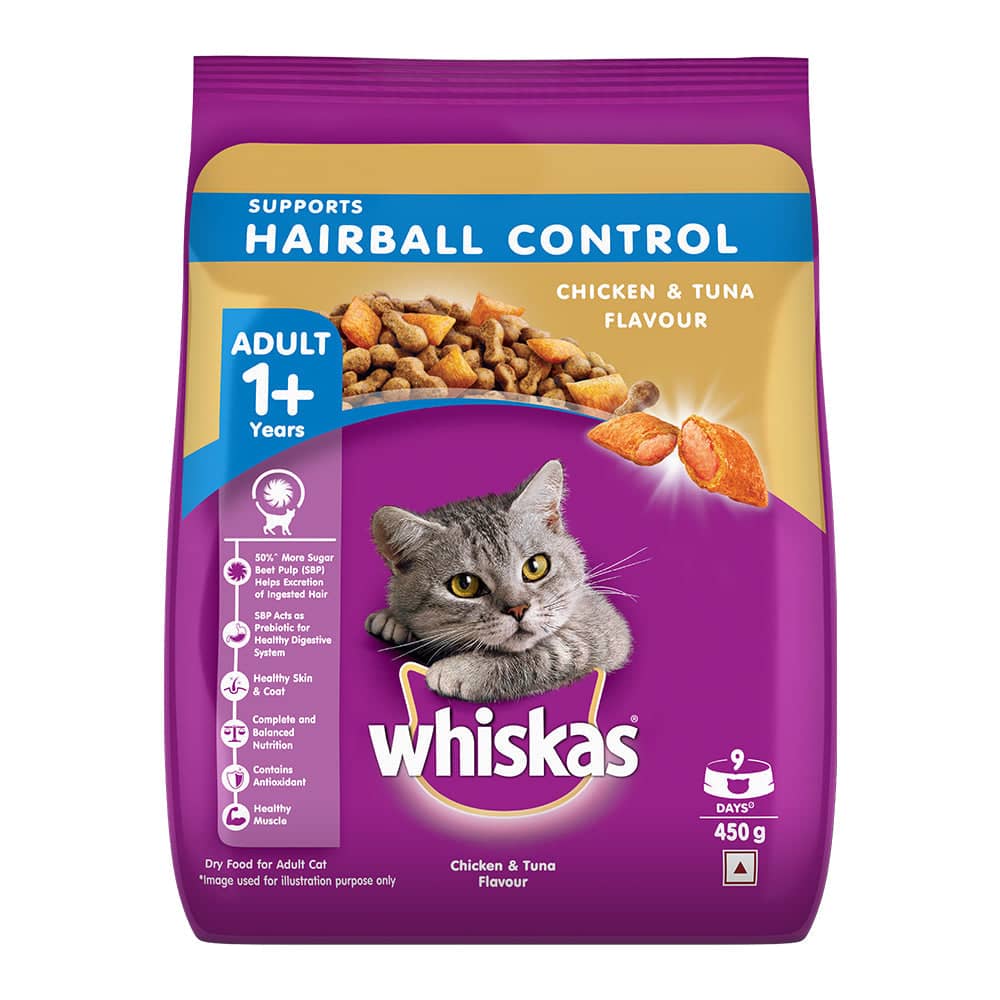Whiskas Dry Food for Adult Cats (1+ Years), Supports Hairball Control - Chicken & Tuna Flavour