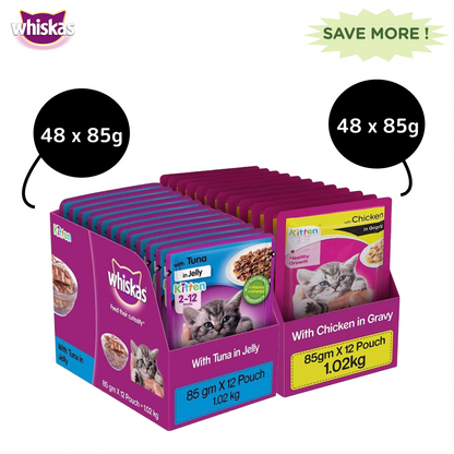 Whiskas Tuna in Jelly and Chicken in Gravy Meal Kitten Wet Food Combo