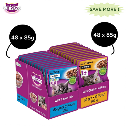 Whiskas Tuna in Jelly Kitten and Chicken Gravy Adult Cat Wet Food Combo