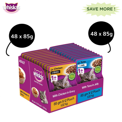 Whiskas Tuna in Jelly Meal and Chicken Gravy Adult Cat Wet Food Combo