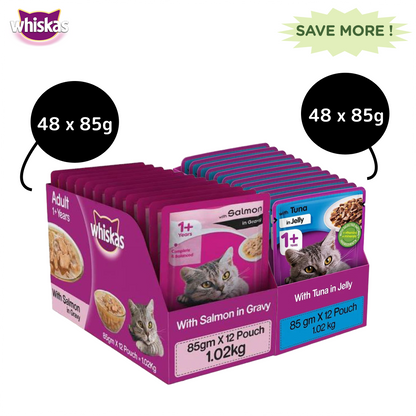 Whiskas Tuna in Jelly Meal and Salmon in Gravy Meal Adult Cat Wet Food Combo