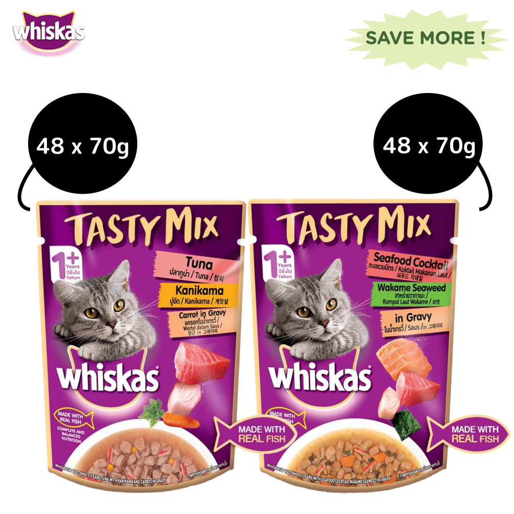 Whiskas Tuna with Kanikama And Carrot and Seafood Cocktail with Wakame Adult Cat Wet Food Combo