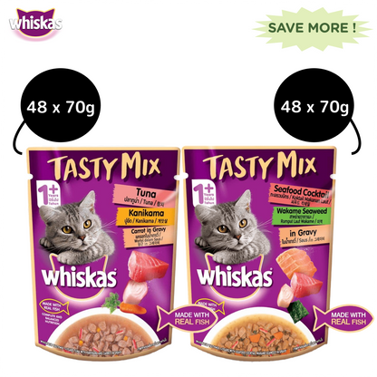Whiskas Tuna with Kanikama And Carrot and Seafood Cocktail with Wakame Adult Cat Wet Food Combo