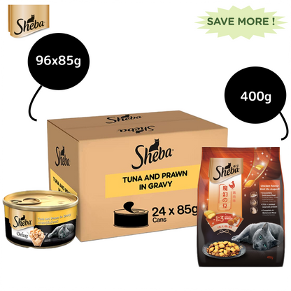 Sheba Tuna Fillet & Whole Prawns in Gravy Premium Cat Wet Food and Chicken Flavour Irresistible All Life Stage Cat Dry Food Combo