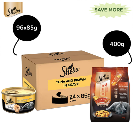 Sheba Tuna Fillet & Whole Prawns in Gravy Premium Cat Wet Food and Chicken Flavour Irresistible All Life Stage Cat Dry Food Combo