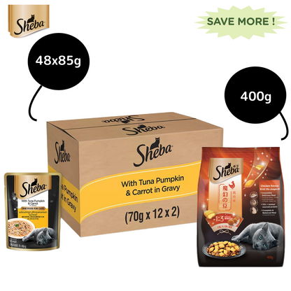 Sheba Tuna Pumpkin & Carrot In Gravy Rich Premium Adult Fine Cat Wet Food and Chicken All Life Stage Cat Dry Food Combo