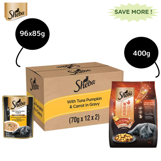 Sheba Tuna Pumpkin & Carrot In Gravy Rich Premium Adult Fine Cat Wet Food and Chicken All Life Stage Cat Dry Food Combo