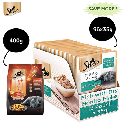 Sheba Fish with Dry Bonito Flake Premium Cat Wet Food and Chicken Flavour Irresistible All Life Stage Cat Dry Food Combo