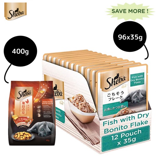 Sheba Fish with Dry Bonito Flake Premium Cat Wet Food and Chicken Flavour Irresistible All Life Stage Cat Dry Food Combo
