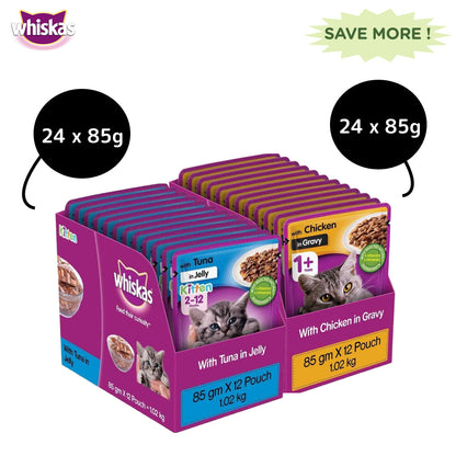 Whiskas Tuna in Jelly Kitten and Chicken Gravy Adult Cat Wet Food Combo