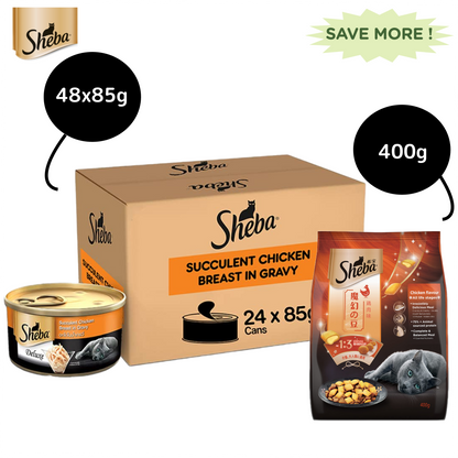 Sheba Complete Nutrition Succulent Chicken Breast In Gravy Cat Wet Food and Chicken Flavour Irresistible Cat Dry Food Combo