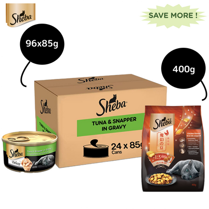 Sheba Complete Nutrition Tuna White Meat & Snapper In Gravy Cat Wet Food and Sheba Chicken Flavour Irresistible Cat Dry Food Combo