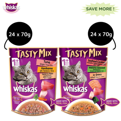 Whiskas Tuna with Kanikama And Carrot and Seafood Cocktail with Wakame Adult Cat Wet Food Combo