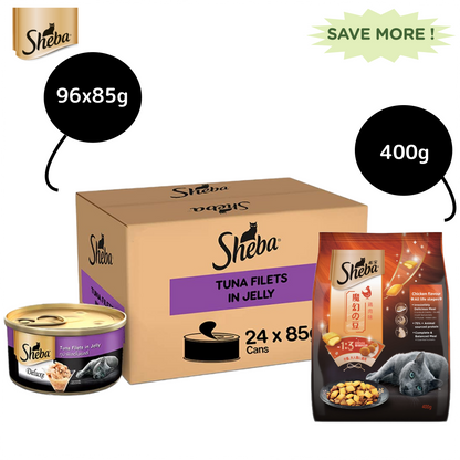 Sheba Pure Tuna Filets in Jelly Premium Cat Wet Food and Chicken Flavour Irresistible Cat Dry Food Combo