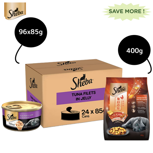 Sheba Pure Tuna Filets in Jelly Premium Cat Wet Food and Chicken Flavour Irresistible Cat Dry Food Combo