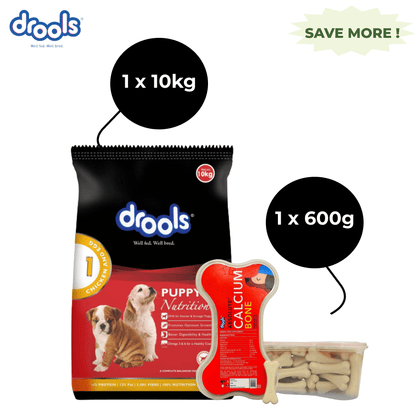 Drools Chicken and Egg Puppy Dry Food and Absolute Calcium Bone Jar for Dogs Combo