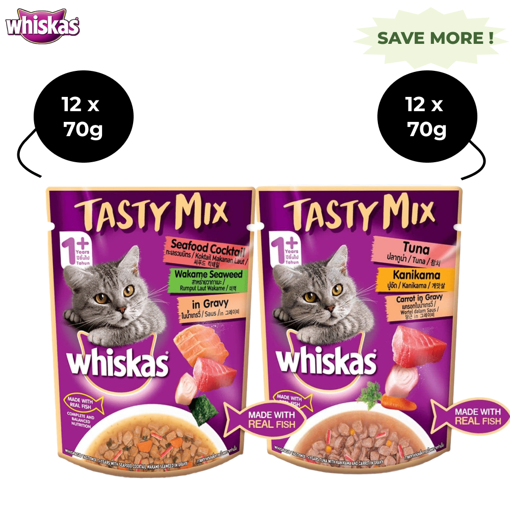 Whiskas Tuna with Kanikama And Carrot and Seafood Cocktail with Wakame Adult Cat Wet Food Combo