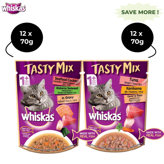 Whiskas Tuna with Kanikama And Carrot and Seafood Cocktail with Wakame Adult Cat Wet Food Combo