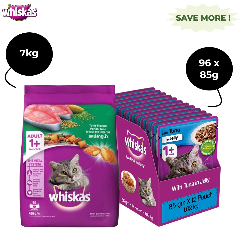 Whiskas Tuna in Jelly Meal Adult Cat Wet Food and Tuna Flavour Adult Cat Dry Food Combo